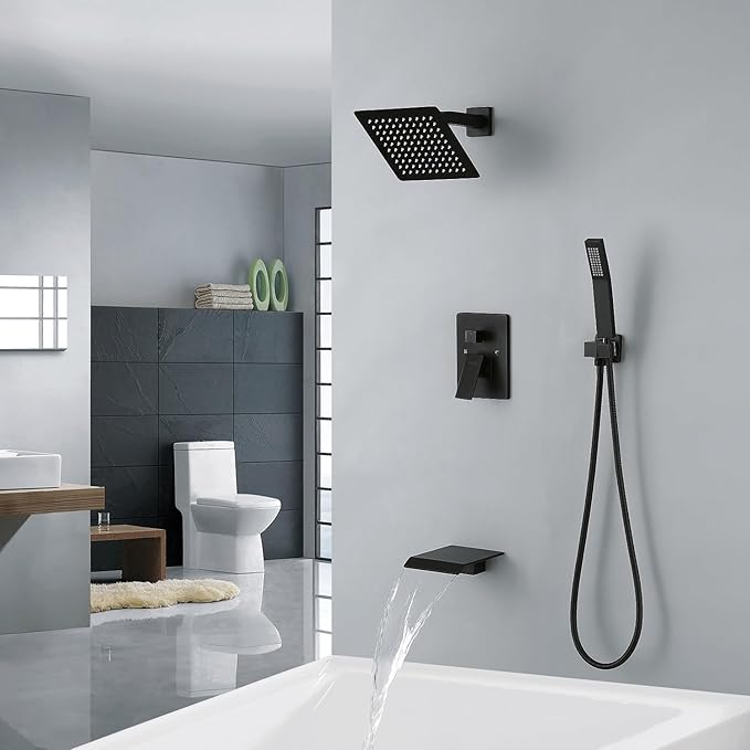 JOYWELL Bathtub Shower System Matte Black with 8 Inch Shower Head and Handheld Shower Tub Faucet Combo