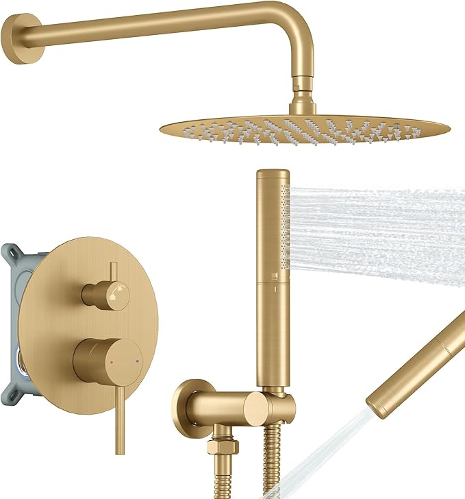 BESy Shower System with 10 Inch Round Rain Shower Head and Handheld Wall Mounted, High Pressure Rainfall Shower Faucet Fixture Combo Set with 2 in 1 Handheld Showerhead for Bathroom, Brushed Gold