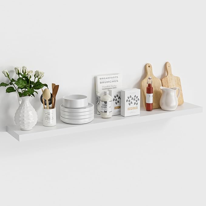 Vivelove Wooden Floating Shelves for Wall 48” x 8”x 1.4”, Solid Wood Shelf with Invisible Brackets, Deep Wall Shelves for Bathroom, LivingRoom, Kitchen, Bedroom, Modern Home Decor, Set of 1 - White