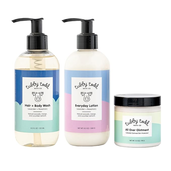 TUBBY TODD 3-Step Baby Bath & Skincare Routine - The Regulars Bundle - 8.5oz Baby Shampoo and Body Wash, 8.5oz Everyday Lotion & 3.5oz All Over Ointment - Lavender Rosemary