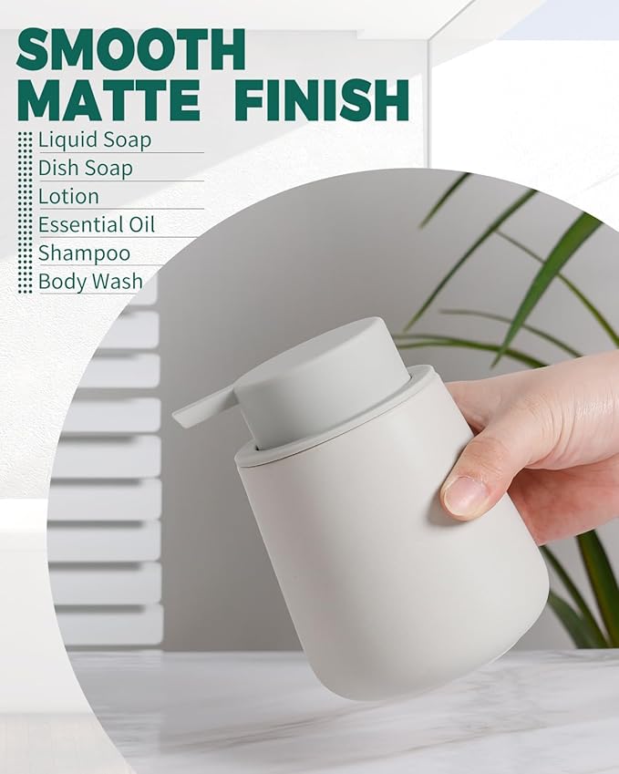 Bosilunlife Soap Dispenser Bathroom - Grey Ceramic Soap Dispenser Lotion Hand Pump Dish Soap Bottle for Kitchen 12oz Refillable Liquid Hand Wash Dispenser for Bathroom