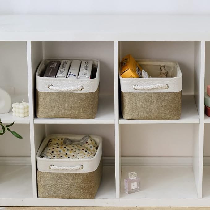 TheWarmHome Storage Basket for Shelves - 1 Pack 14x10x6.7 inch Collapsible Storage Bins Storage Boxes for Organizing for Laundry Closet Gift Cloth Nursery (Whiet & Khaki)