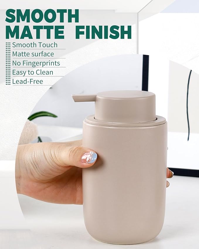 BosilunLife Foam Soap Dispenser - Ceramic Foaming Hand Wash Dispenser for Bathroom Modern Farmhouse Small Soap Dispenser Lotion Hand Pump Dispenser for Kitchen Sink (Khaki, Foam Pump)