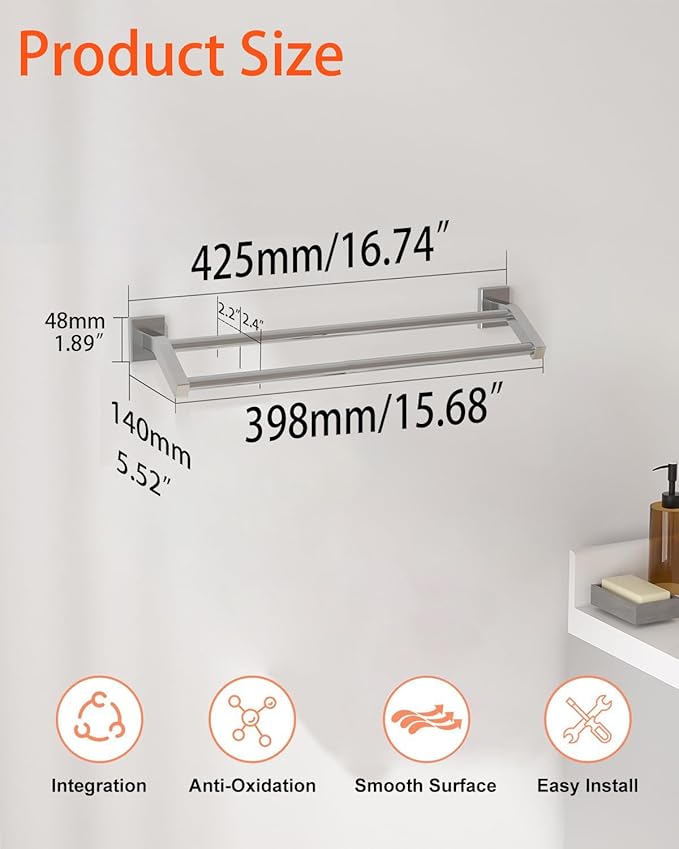 Alise Bath Double Towel Bars Towel Racks for Bathroom,Wall Mount Towel Holder Heavy Duty SUS304 Stainless Steel Towel Hanger Towel Rail,Brushed Nickel,16 Inch