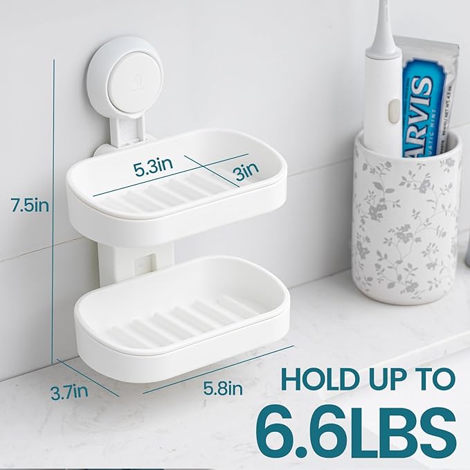 TAILI Double Layer Soap Dish Suction Cup Soap Holder, Strong Sponge Holder for Shower, Bathroom, Tub and Kitchen Sink, Drill-Free, Removable