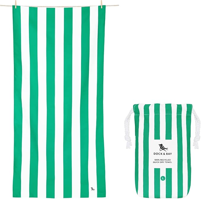 Dock & Bay Beach Towel - Quick Dry, Sand Free - Compact, Lightweight - 100% Recycled - Includes Bag - Cabana - Cancun Green - Large (160x90cm, 63x35)