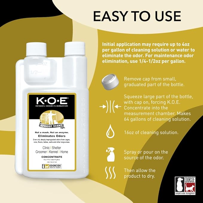 Odorcide K.O.E. Apricot Odor Eliminator 16 oz for Strong Odor for Cages, Runs & More – Home & Kennel w/Safe, Non-Enzymatic Formula