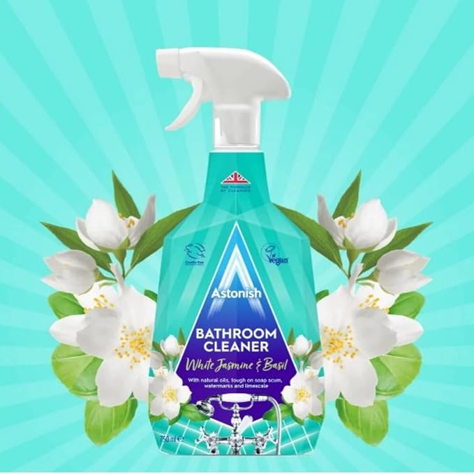 Astonish Streak Free Foaming Bathroom Cleaner Spray Bottle 3 Pack - Deep Cleaning White Jasmine & Basil Scented Spray for Soap Scum, Watermarks & Limescale - Cleaning Supplies, 750 ml Bottle