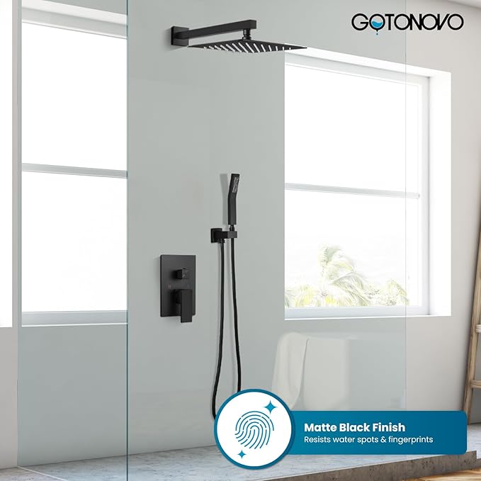 gotonovo Rainfall Bathroom Shower System Rain Shower Head and Handle Set Wall Mounted Shower Complete Combo Solid Brass Pressure Balancing Shower Mixer Valve 10 Inch Matte Black