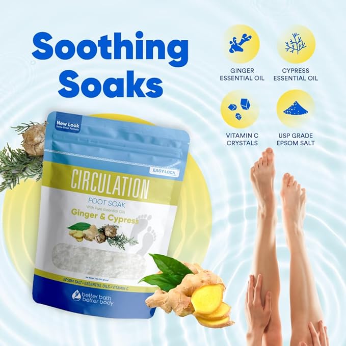 Circulation Foot Soak 32 Ounces (2 Lbs) Epsom Salt with Pure Essential Oils Ginger and Cypress Essential Oils Plus Vitamin C in BPA Free Pouch with Easy Press Lock Seal