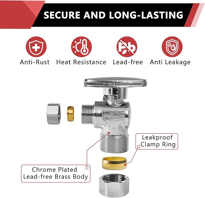 50-Pack EFIELD Angle Stop Valve 1/2" Nominal (5/8" OD) Compression x 3/8" OD, 1/4-Turn,(VALVE116-50PCS)