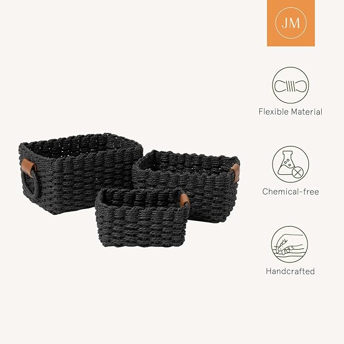 LA JOLIE MUSE Small Wicker Baskets for Organizing, Recycled Paper Rope Storage Basket Container Bins for Shelves Bathroom Cupboards Drawer, Decorative Square Basket Organizer Set of 3, Black
