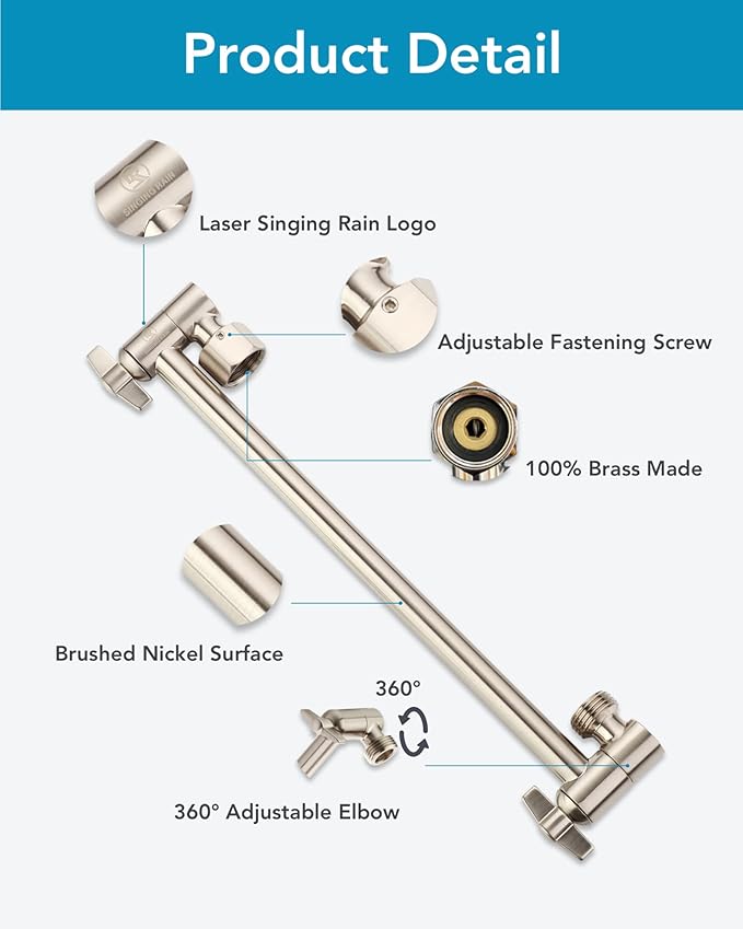11 Inch Adjustable Shower Head Extension Arm With Locking Set Screw, Singing Rain Brass Nickel Brushed Angle Height Adjustable, Easy To Install, G1/2 Universal Connector Compatible (Nickel Brushed)