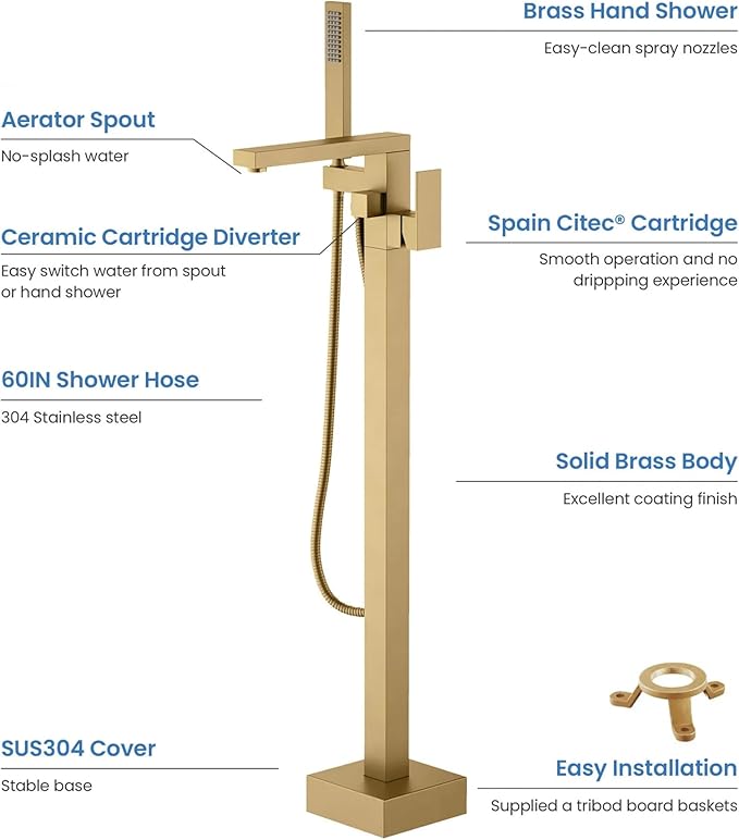 KIBI Cube Brushed Brass Freestanding Bathtub Faucet Floor‑Mounted Brass Tub Filler | Single‑Handle Bathroom Faucets with Hand Shower, Ceramic Cartridge & Stainless Steel Hose (KTF302)