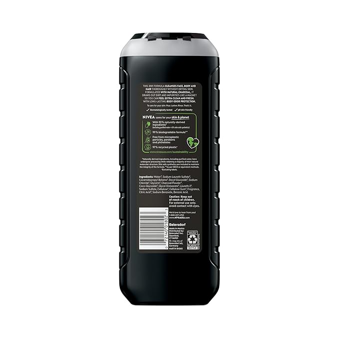 NIVEA Men Active Clean Body Wash with Natural Charcoal for Normal to Oily Skin, 3-in-1 Charcoal Body Wash, Face and Hair, Draws Out Dirt and Impurities, 16.9 Fl Oz Bottle, Pack of 3