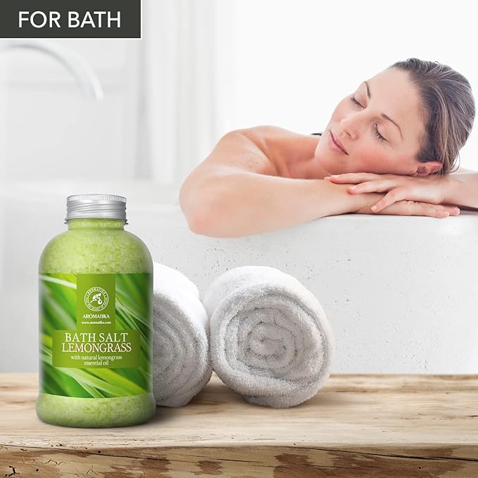 Bath Salts w/Natural Essential Lemongrass Oil 21.16 oz - Sea Salt Bath for Good Sleep - Bathing - Body Care - Wellness - Beauty - Relaxation - Aromatherapy - Spa - Bath Supplement