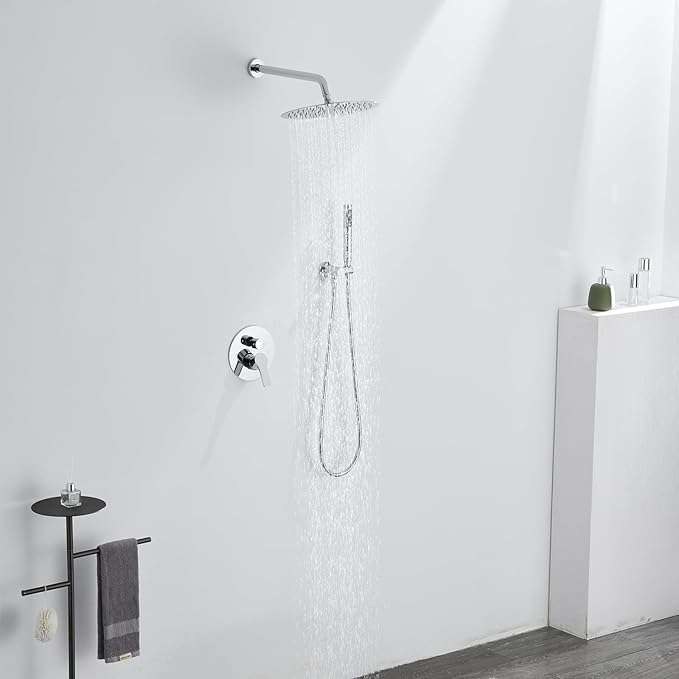 Iriber Chrome Shower System Wall Mounted Shower Faucet Mixer Set with 12 Inches Round Rain Shower head and Handheld, Bathroom Rainfall Polished Chrome Shower Trim Kit Contain Valve