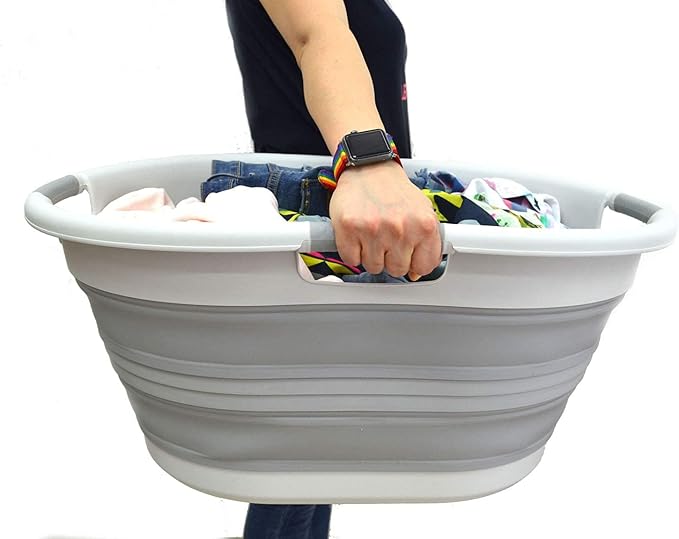 SAMMART 57L (15 Gallons) Collapsible 3-Handled Plastic Laundry Basket - Oval Tub - Portable Washing Tub-Space Saving Laundry Hamper, Water Capacity 44L / 11.6 Gallon (2, Grey/Grey)