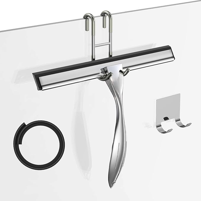 Shower Squeegee Set, 10-Inch Stainless Steel Squeegee for Bathroom, Shower Doors, Mirrors, Tiles, and Car Windows - 100% Streak Free, Includes Shower Door Hook, Adhesive Hook and Spare Silicone Blade