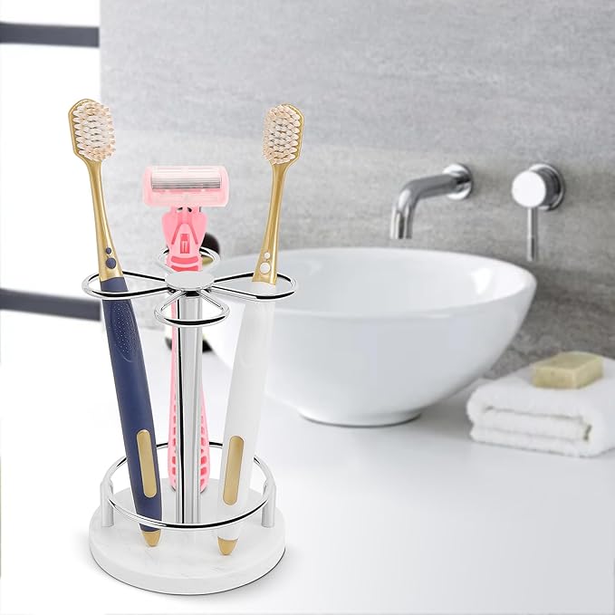 HarJue Toothbrush Holder Stand for Bathroom, Metal Toothbrush Organizer with Marble Base, Toothbrush Storage Collection for Family, Suitable for Home Hotel Countertop Vanity (Small, Chrome Finish)