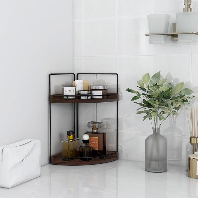 Dorhors 2-Tier Bathroom Counter Organizer,Vanity Counter Corner Shelf, Skincare, Wood Countertop Bathroom Storage and Organization for Kitchen (Walnut)