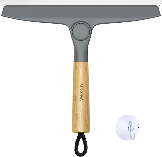 MR.SIGA All Purpose Silicone Squeegee for Shower Door, Mirror, Glass, Streak Free Shower Squeegee, Pivoting Bamboo Handle, Includes 1 Suction Hook, 10 inch Wide, Gray, 1 Pack