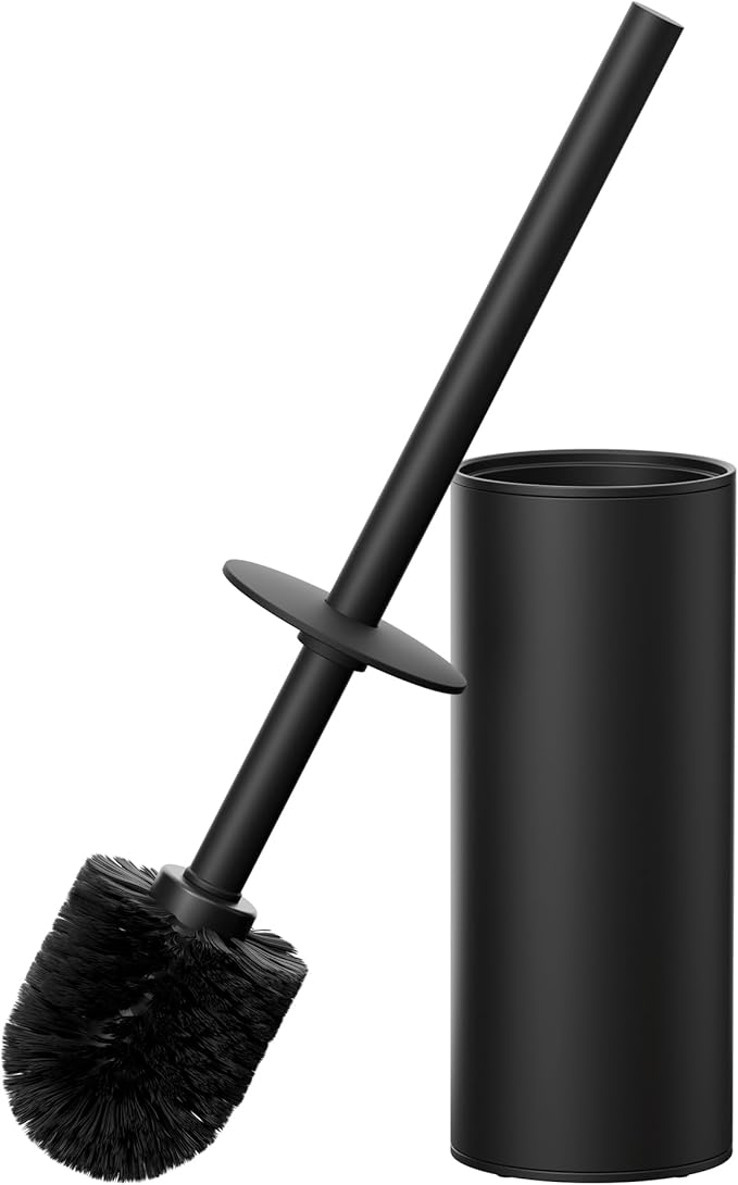 FORIOUS Toilet Brush and Holder Set Black, Heavy Duty 304 Stainless Steel Base and Long Handle Toilet Bowl Cleaners Brush, for Bathroom Storage and Organization, 2 Brush Head