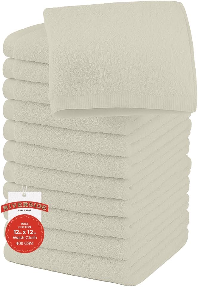 RIVERSIDE 12 Pack Washcloths - 12x12 Inches, 400 GSM, 100% Ring-Spun Cotton - Soft, Absorbent & Durable Face and Body Towels - for Bathroom, Spa, Gym, Makeup Removal & Everyday Use - Cannoli Cream