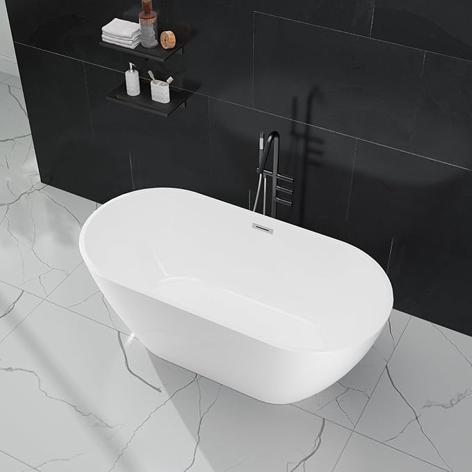 67 in Acrylic Freestanding Bathtub, Contemporary Stand Alone Tub,Glossy White Soaking Tub, Oval Bathtub with Chrome Overflow and Drain, CUPC Certified