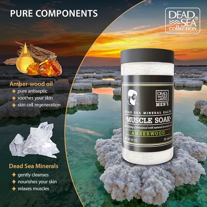 Dead Sea Collection Bath Salts for Men with Amberwood Oil - Muscle Recovery Bath Soak – Mens Pure Dead Sea Salt for Soothing and Relaxing - 37 Oz