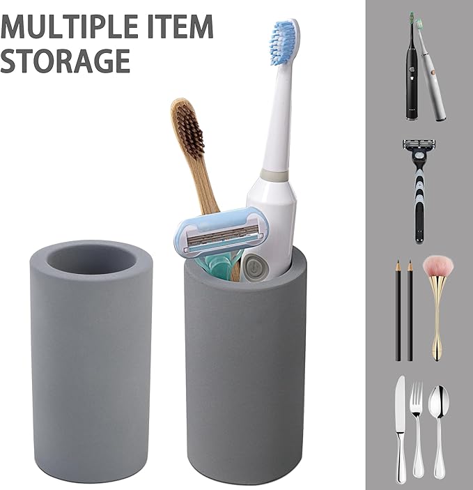2Pcs Diatomite Toothbrush Holder for Bathroom Sink, Countertop Organizer, Quick Dry Stand Cup for Toothpaste, Razors, Makeup Brushes - Water-Absorbent & Quick-Drying (Dark Grey, Height 4.3")