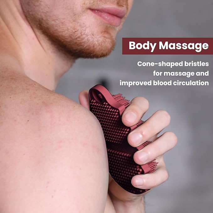 Silicone Body Scrubber Silver-Infused Dual-Sided 3-in-1 for Shower, Body Cleaning+Massage+Exfoliator Body Brush Buffer for Men and Women, Silicone Loofah, Non-Slip Handle (Burgundy)