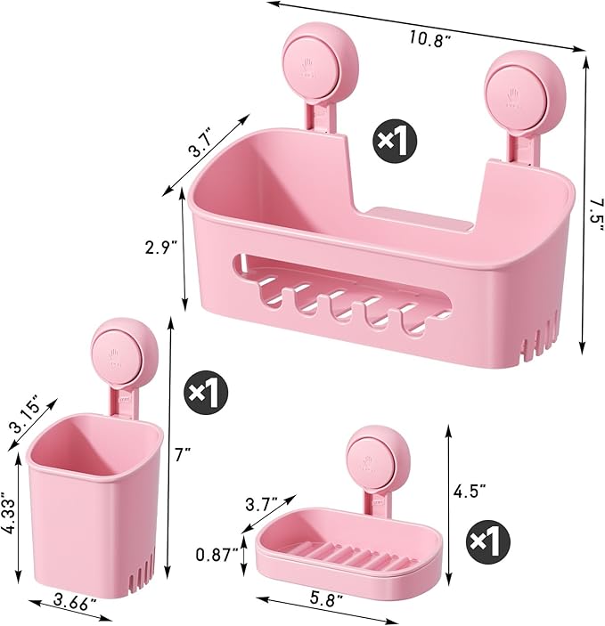 LEVERLOC Shower Caddy Suction Cup Set Shower Organizer & Soap Holder & Toothbrush Holder, Bathroom Shelf Basket NO-Drilling, Removable Suction Storage Waterproof Bathroom Caddy, Pink