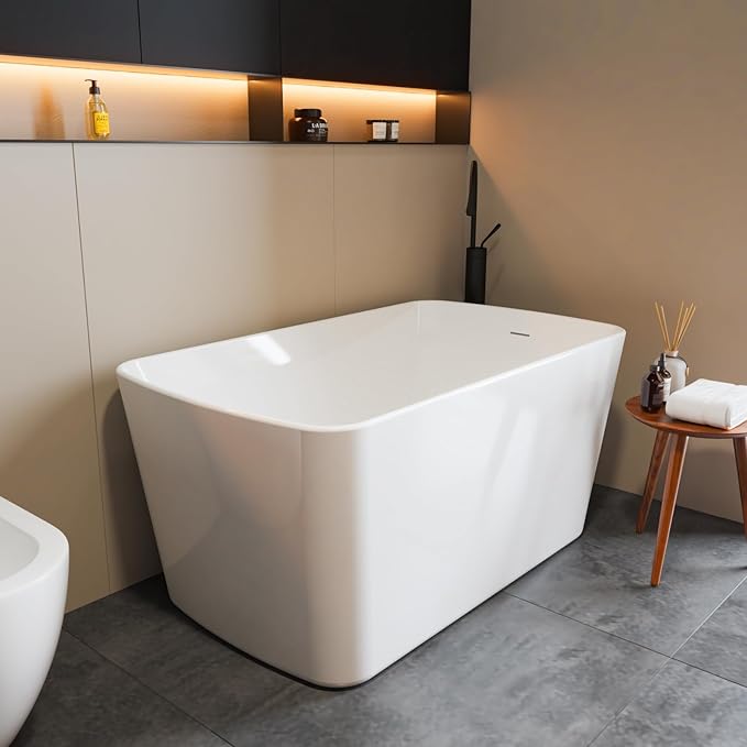 49" Acrylic Freestanding Soaking Bathtub, Matte Drain & Black Overflow, Modern Design Tub for Home Bathroom Renovations, Glossy White