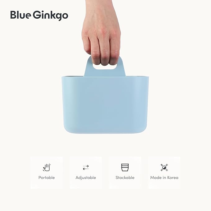 BLUE GINKGO Small Stackable Organizer Caddy – Korean-Made Portable Tote for Bathroom, Office, Crafts, or School Supplies (Square, Blue)