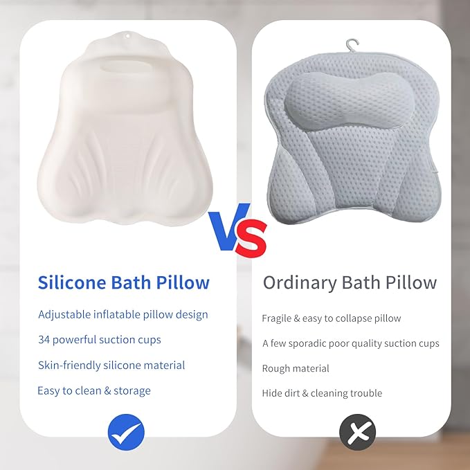 Goowin Bath Pillows for Tub, New Generation Skin-Friendly Silicone Bath Pillow, Luxury Bathtub Pillow for Head and Neck, Powerful Suction Tub Pillow for Bathtub with Inflatable Airbag (Off-White)