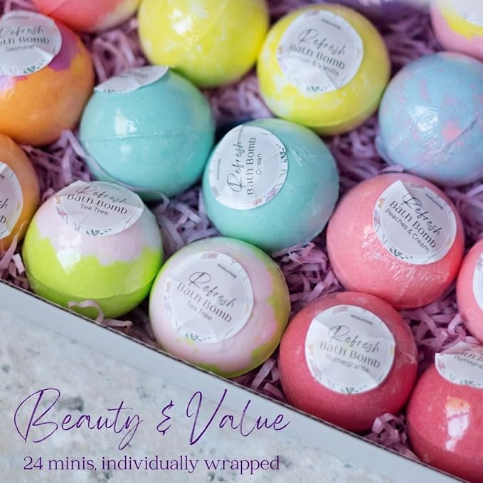 EvolutionUSA Refresh Bath Bombs for Women, 24 Lush Bath Bombs Mini Sized, Luxurious Womens Gift for Mother's Day, Easter, Birthday or Self Care, Luxurious & Relaxing Bathbombs, Womens Bath Balls