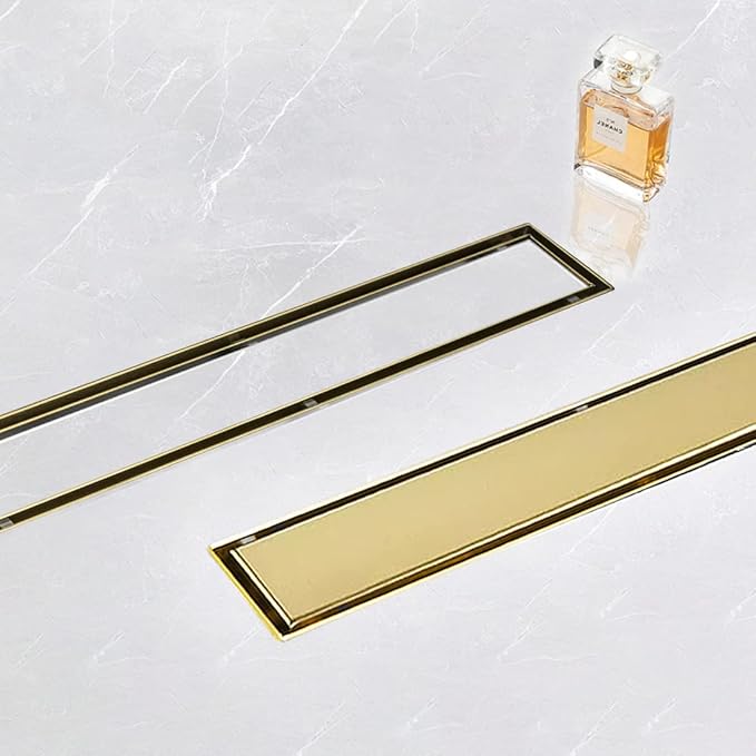 Linear Shower Drain, 28 inch Gold Drain with Tile Insert 2-in-1 Panel, Brushed 304 Stainless Steel Gold Shower Floor Drain, Linear Drain with Hair Strainer and Adjustable Feet
