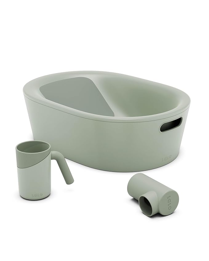 Lalo Bathtime Starter Kit - Modern Baby Bathtub, Rinse Cup & Spout Cover Bundle, Safe & Clean Design for Newborns, Minimalist Design, Easy to Clean, 25.3 x 18 x 7.7 in, 10 lb - Sage
