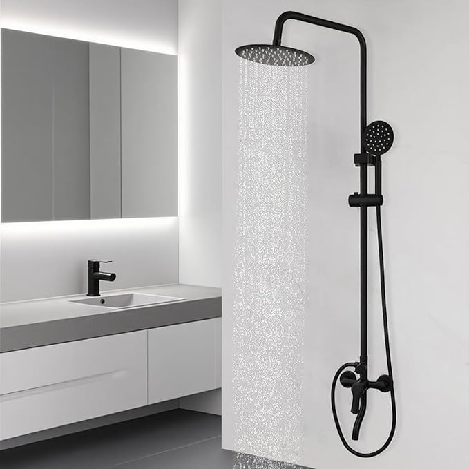 Exposed Shower System 8 Inch Rainfall Shower Head Matte Black Outdoor Shower Fixture 3 Function Stainless Steel Wall Mount Shower Faucet Set with Handheld Sprayer and Tub Spout