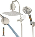 Hibbent All Metal 10'' Filtered Rainfall Shower Head Combo, High Pressure Handheld Shower Head with 12'' Adjustable Curved Extension Arm, 20 Stage Shower Filter, 10-spray, 71'' Hose, Brushed Nickel
