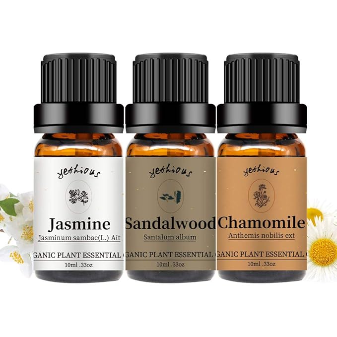 yethious Jasmine Chamomile Sandalwood Essential Oil Set Organic 100% Pure 3 Pack Chamomile Essential Oils for Aromatherapy & Diffuser