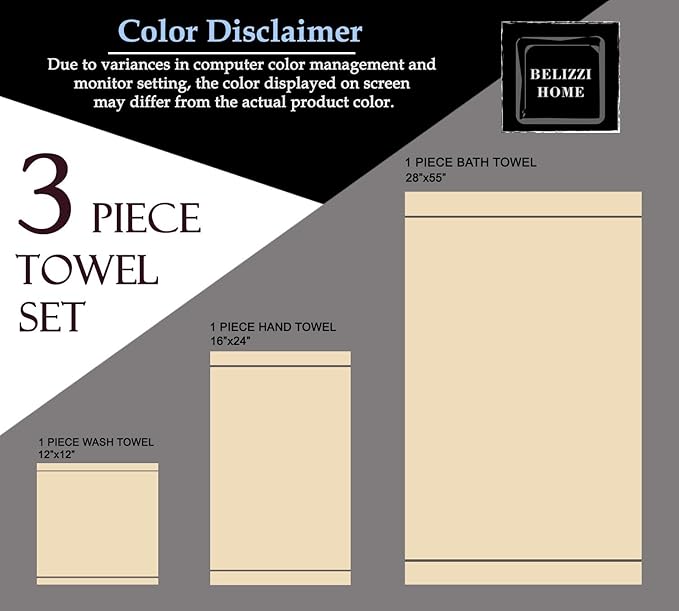 Belizzi Home Ultra Soft 3 Pack Cotton Towel Set, Contains a Bath Towel 28x55 inch, a Hand Towel 16x24 inch & a Wash Coth 12x12 inch, Ideal Everyday use, Compact & Lightweight - White