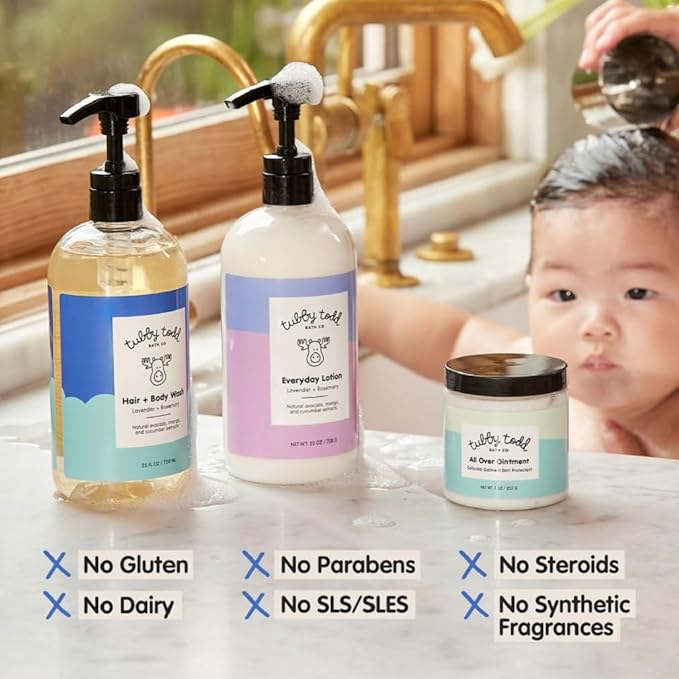 TUBBY TODD 3-Step Baby Bath & Skincare Routine - The Regulars Bundle - Baby Shampoo and Body Wash, Everyday Lotion 25 Oz & All Over Ointment 8 Oz - Lavender Rosemary