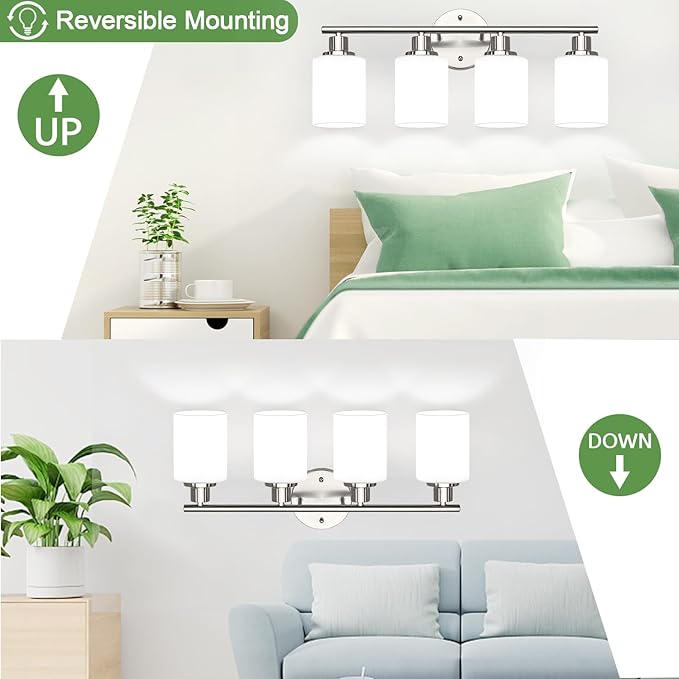 4-Light Bathroom Light Fixtures, Brushed Nickel Modern Vanity Lights with Milky White Frosted Glass Shades, Bathroom Wall Lamp for Mirror Kitchen Living Room