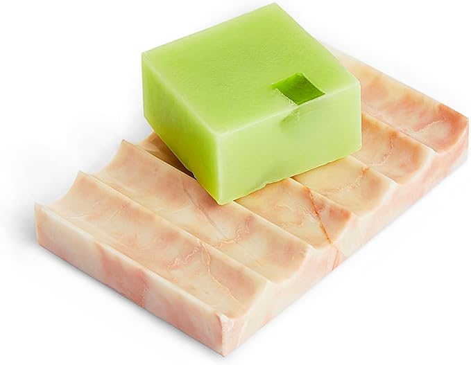 Luxurious Marble Soap Dish Jewelry Ring Tray - Rectangle Stone Soap Tray & Saver for Shower – Self Draining Soap Holder for Bathroom, Kitchen, Beige Travertine (Pink/Cream Rose)