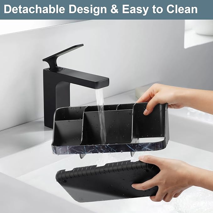 Marble Black Toothbrush Holders for Bathrooms - Detachable 7 Slots Bathroom Organizer Countertop Matte Black Electric Toothbrush and Toothpaste Holder for Bathroom Counter Vanity Sink Storage