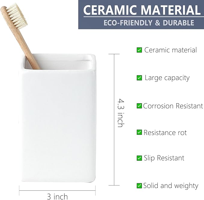Toothbrush Holders for Bathrooms - 2 Cups Ceramic Square Toothbrush Toothpaste Holders Set, White Square Bathroom Tumbler Cups Reusable Toothbrush Mouthwash Cup, Bathroom Counter Organizer.