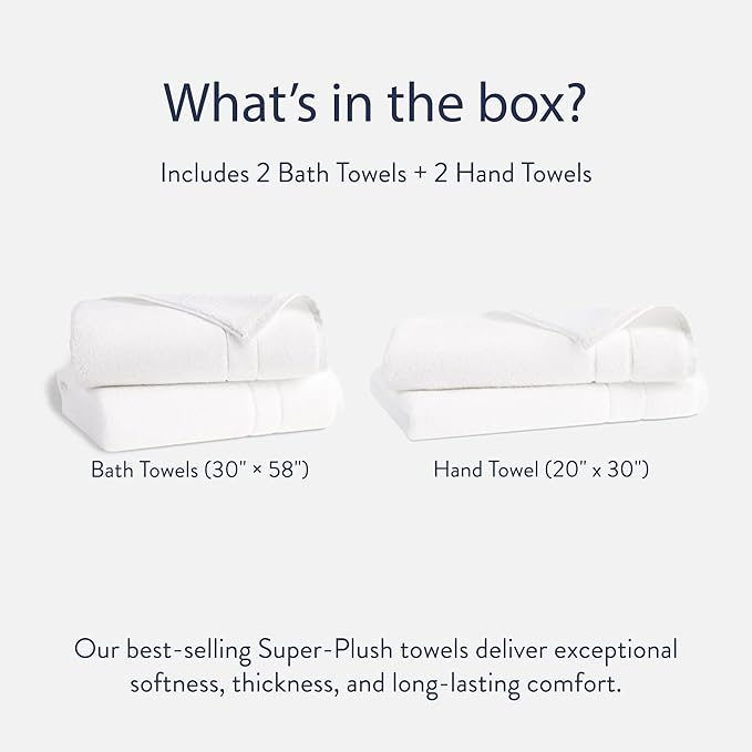 Brooklinen Super-Plush Bath Towel and Hand Towel Set - 2 Bath Towels, 2 Hand Towels - Cotton, Highly Absorbent (White)