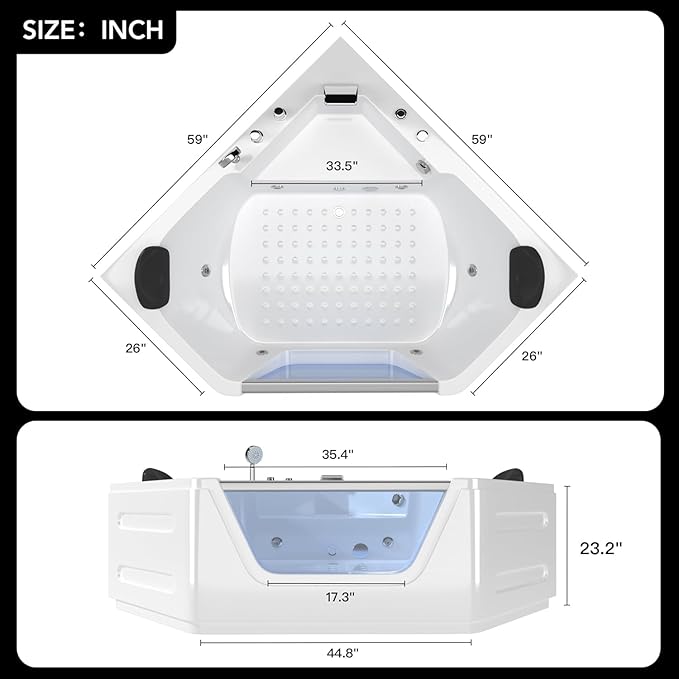 59 Inch Corner Jetted Tub - Luxury White Whirlpool Plastic Acrylic Bathtub with 7 Color Light Perfect for Couples' Relaxation and Wellness Home Spa, Ergonomical Designed Bathtub with Water Message